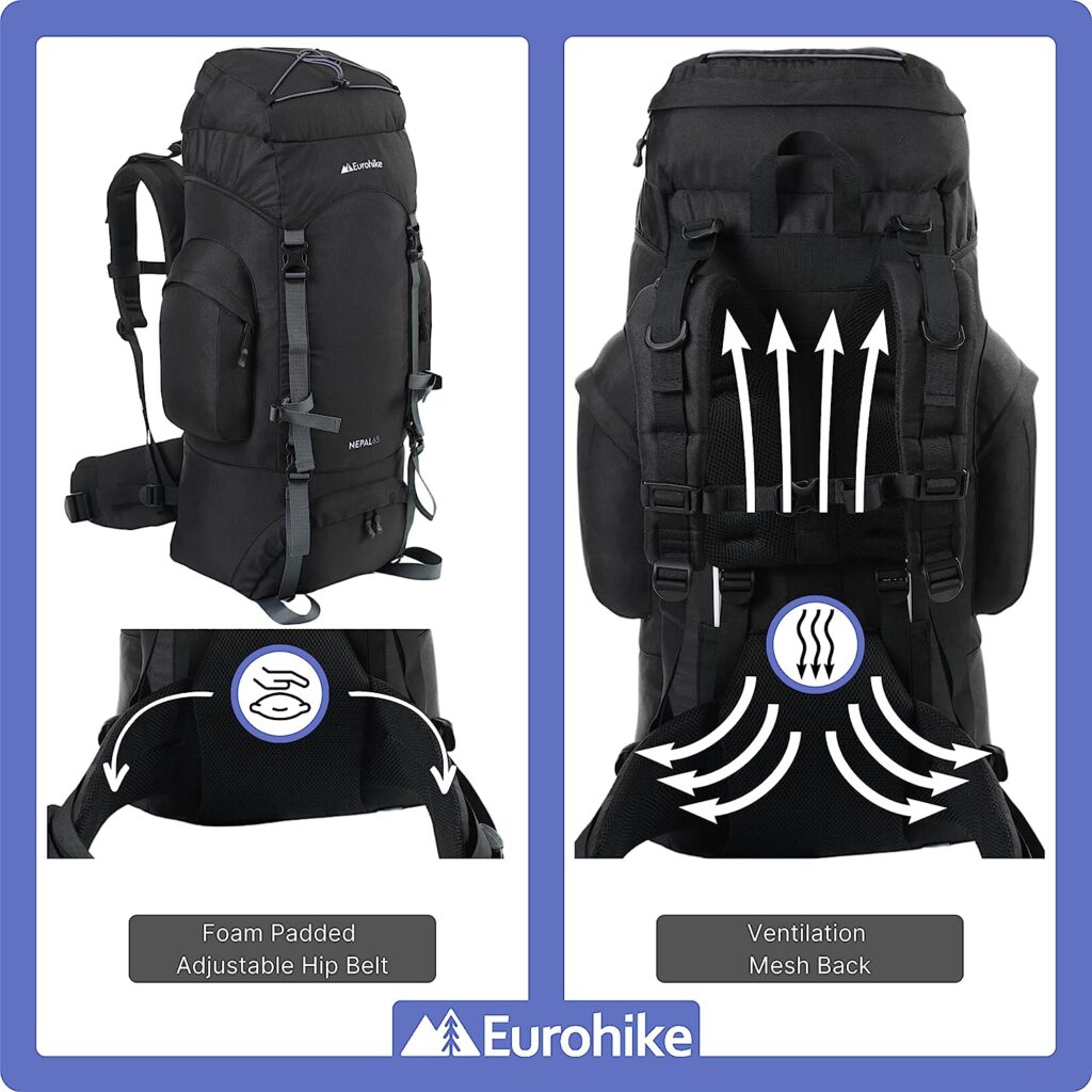 Eurohike Nepal 65 Rucksack Review showing comfort and fit and airflow.