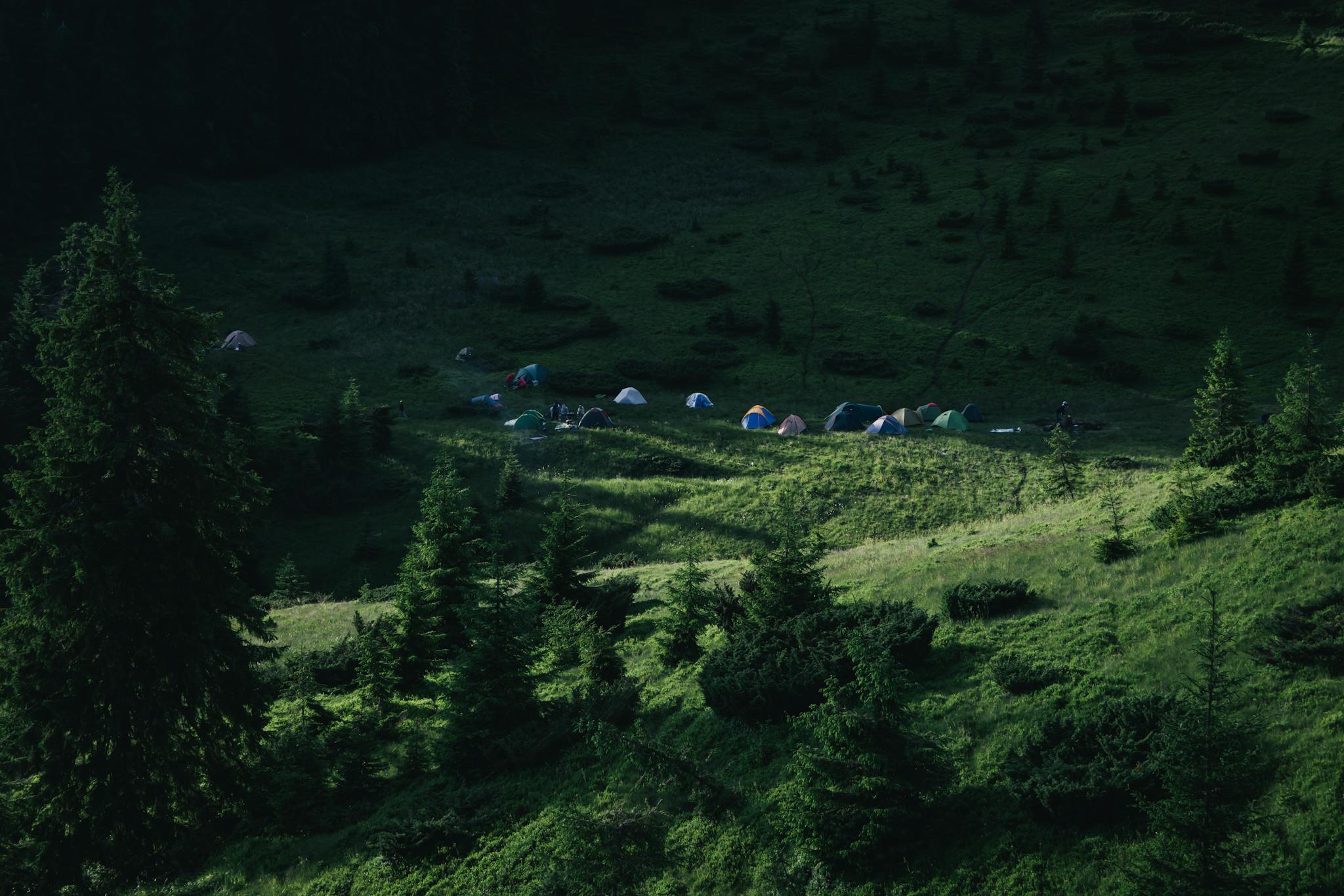 A peaceful camping site nestled in the lush green mountains of Romania, showcasing tents and nature's beauty.